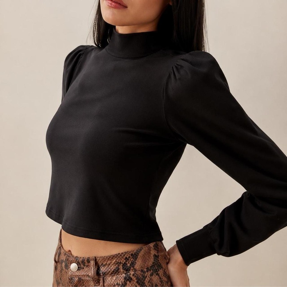 Reformation Cydney Top Black Puff Sleeve Mock Neck Crop Top Small